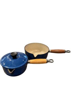 Le Creuset Cast Iron Enamel Blue Sauce Pan Set 18 & 14 Wood Handles Lid Vintage